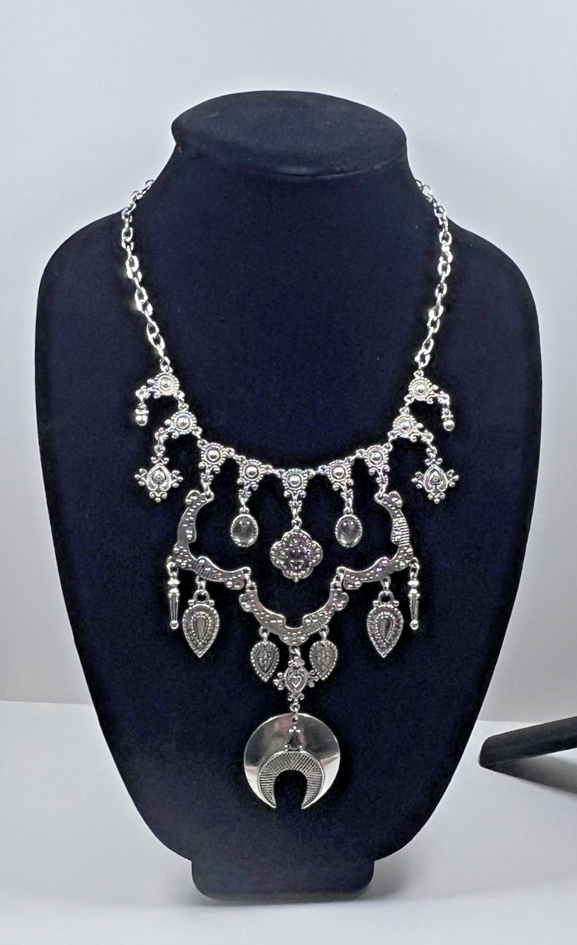 Bold Silver Tone Ornate Chanedlier Bib Filgree Necklace Cresent Moon Drop Chunky